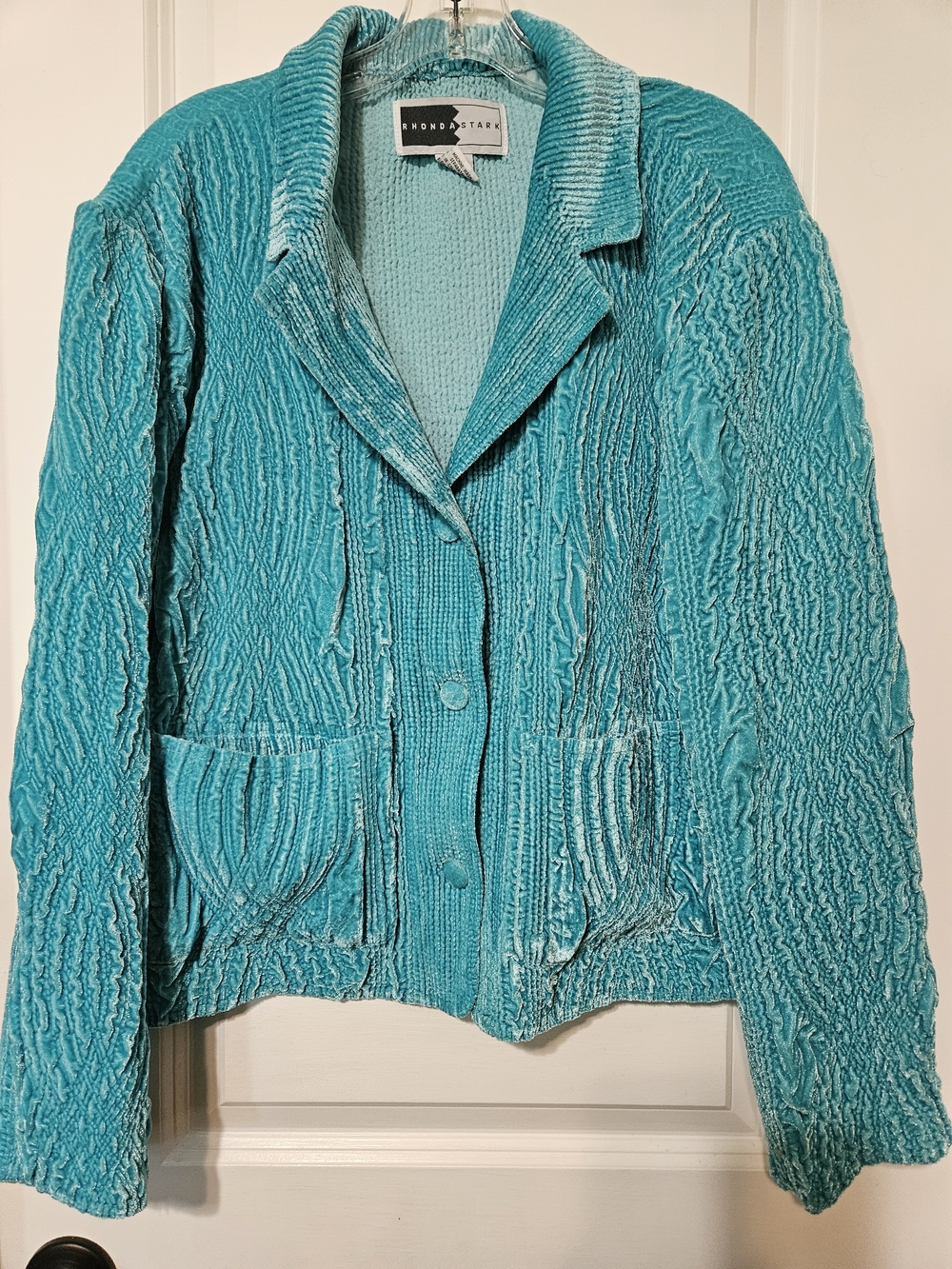 Women's Teal Crinkled Button Blazer by Rhonda Stark